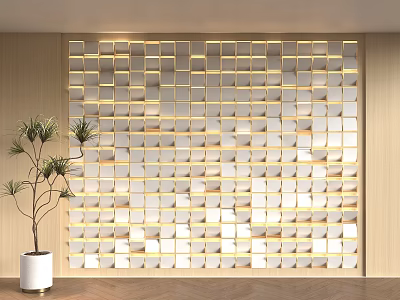 Decorative Background Wall Featuring White Square Tiles Backlit Design Wooden Surroundings And Green Plant 3d model