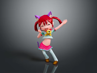 Happy Child With Red Hair Pigtails Purple Cat Ears Yellow Top Dancing In Pink Skirt 3d model