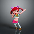 Happy Child With Red Hair Pigtails Purple Cat Ears Yellow Top Dancing In Pink Skirt