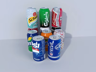 Assorted Canned Drinks Display With Various Brands And Colorful Cans 3d model