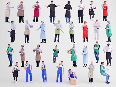 Group of People Wearing Different Colored Aprons and Uniforms in Various Poses 3d model