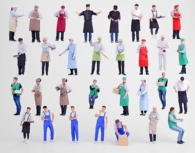 Group of People Wearing Different Colored Aprons and Uniforms in Various Poses 3d model