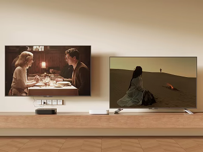 Two Modern Televisions Mounted on Wall With Wooden Shelf Displaying Different Scenes 3d model