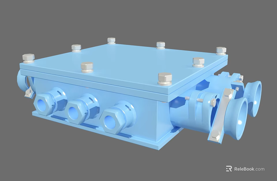 Blue Industrial Electrical Enclosure With Multiple Circular Ports And Bolted Cover 3d model 