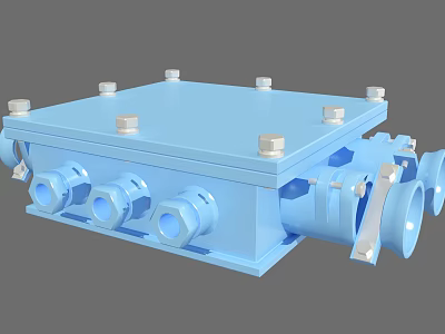 Blue Industrial Electrical Enclosure With Multiple Circular Ports And Bolted Cover 3d model