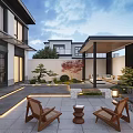 Modern Courtyard Garden Landscape With Water Features Stone Lanterns And Greenery Design