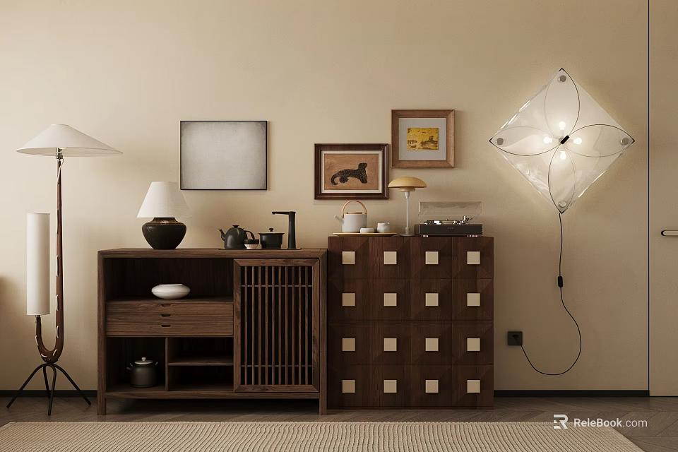 Wooden Console Cabinet And Sideboard With Storage Decorative Lamps Framed Art And Tea Set 3d model 