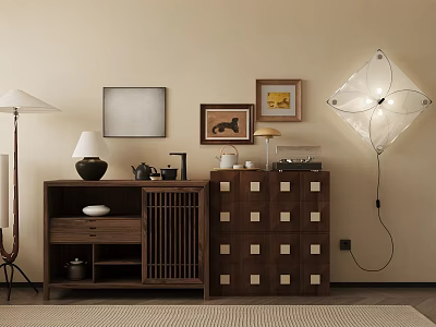 Wooden Console Cabinet And Sideboard With Storage Decorative Lamps Framed Art And Tea Set 3d model