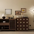 Wooden Console Cabinet And Sideboard With Storage Decorative Lamps Framed Art And Tea Set