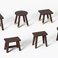 Six Dark Brown Wooden Stools With Round And Square Seats And Straight Legs