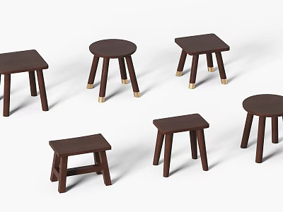 Six Dark Brown Wooden Stools With Round And Square Seats And Straight Legs 3d model