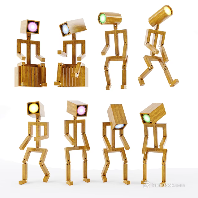 Wooden Human Shaped Lamp Set with Various Poses and Colorful Head Lights 3d model 