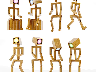 Wooden Human Shaped Lamp Set with Various Poses and Colorful Head Lights 3d model