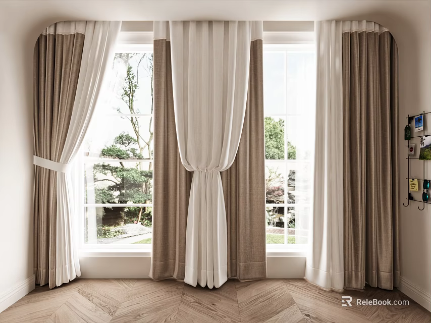 Layered Beige And White Curtains Enhance Modern Window With Natural Light And Green Outdoor View 3d model 