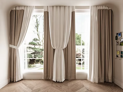 Layered Beige And White Curtains Enhance Modern Window With Natural Light And Green Outdoor View 3d model
