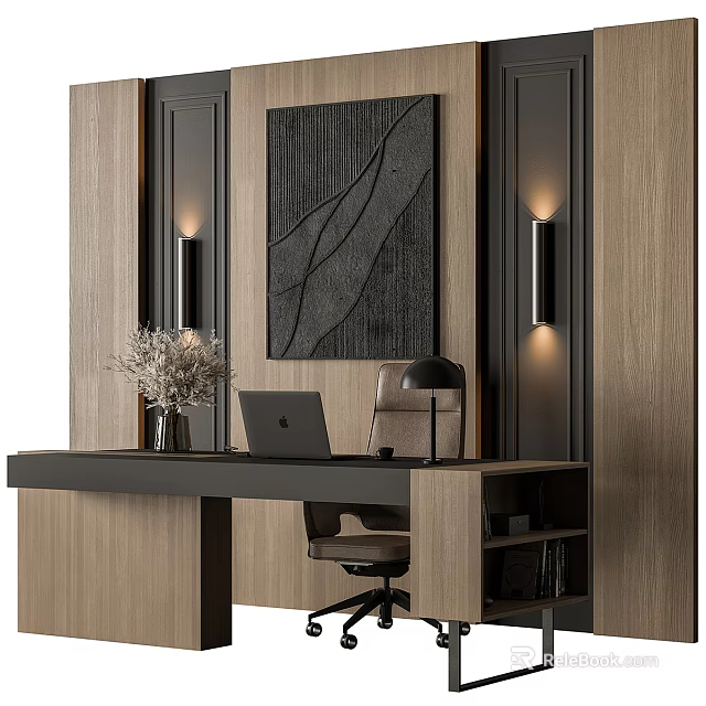 Modern Office Desk Setup With Laptop Chair Table Lamp Wall Art And Dried Flowers 3d model 