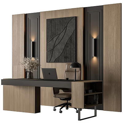 Modern Office Desk Setup With Laptop Chair Table Lamp Wall Art And Dried Flowers 3d model