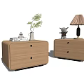 Wooden Bedside Tables with Two Drawers Topped with Lamp Plant and Decor in Modern Room