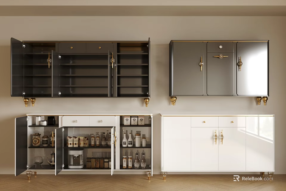 Elegant Modern Dining Room Sideboard With Black Glass Doors White Base And Brass Handles 3d model 