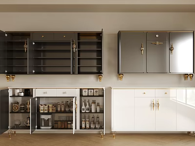 Elegant Modern Dining Room Sideboard With Black Glass Doors White Base And Brass Handles 3d model