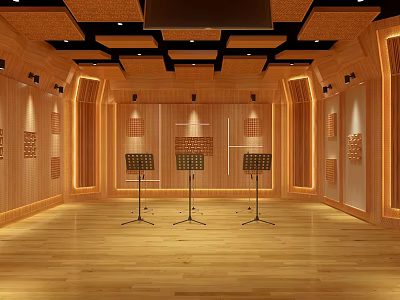 Professional Recording Studio Interior Design With Wooden Walls Acoustic Panels And Microphone Stands 3d model