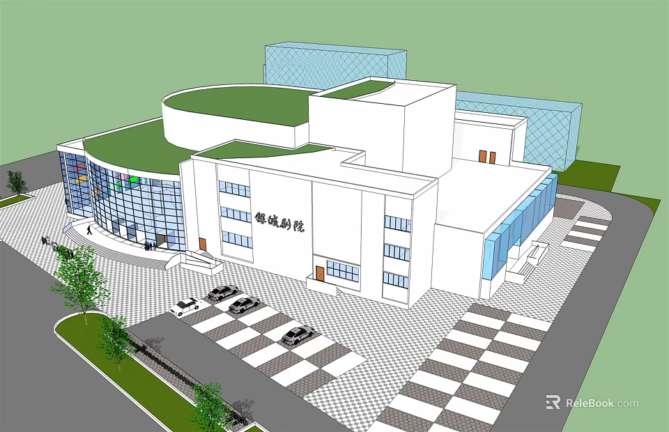 Modern Theater Building Exterior With Glass Curtain Wall Green Roof And Parking Area 3d model 