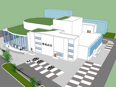 Modern Theater Building Exterior With Glass Curtain Wall Green Roof And Parking Area 3d model