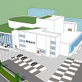 Modern Theater Building Exterior With Glass Curtain Wall Green Roof And Parking Area