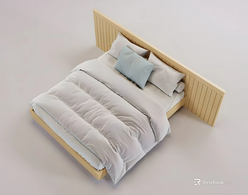 Double Bed Featuring Wooden Vertical Slat Headboard Gray Comforter and Light Blue Pillow 3d model 