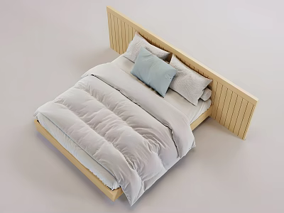 Double Bed Featuring Wooden Vertical Slat Headboard Gray Comforter and Light Blue Pillow 3d model