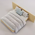 Double Bed Featuring Wooden Vertical Slat Headboard Gray Comforter and Light Blue Pillow