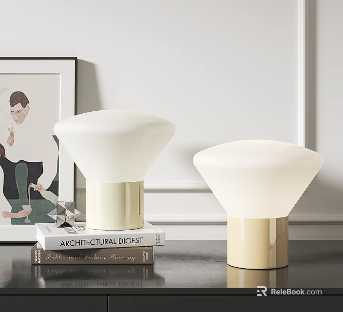 Elegant Modern Table Lamps With White Shades And Gold Bases On Books 3d model 