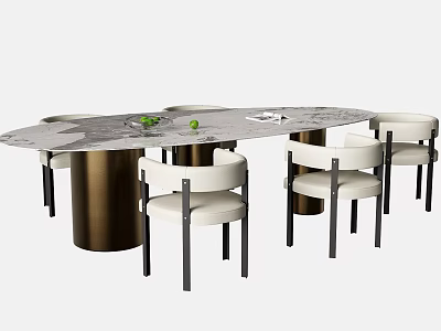 Modern Dining Table Set With Oval Marble Top Gold Legs And White Chairs 3d model