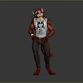 Anthropomorphic Wolf Creature Character In Red Costume White T-Shirt Black Graphic Dark Pants Red Footwear