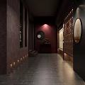Chinese Style Gallery Corridor With Traditional Paintings Wooden Frames And Wall Lighting