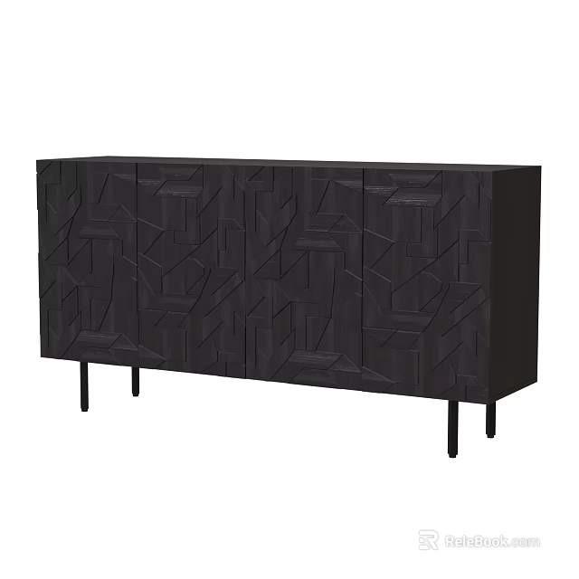Black Entryway Console Cabinet With Geometric Pattern Design And Thin Legs 3d model