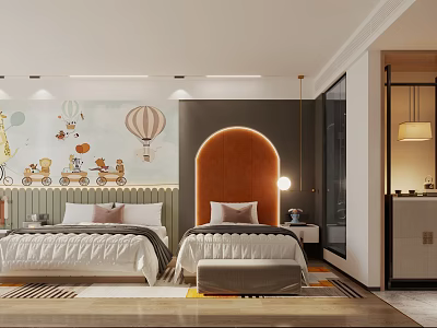 Modern Hotel Room Interior With Twin Beds Decorative Wall And Soft Lighting 3d model