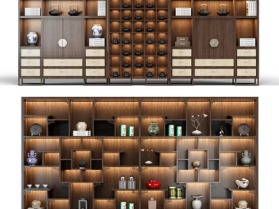 Wooden Storage Shelving Unit With Multiple Compartments Drawers And Decorative Items For Home Organization 3d model