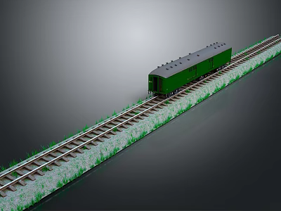 Green Train Carriage On Railway Track With Grass Alongside Road Infrastructure 3d model