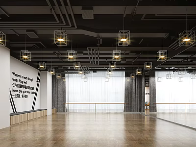 Modern Fitness Dance Studio With Wooden Floor Large Mirrors Pendant Lights And Ballet Barres 3d model