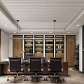 Modern Executive Office Interior With Dark Sofas Coffee Tables Wooden Bookshelves And Wall Painting