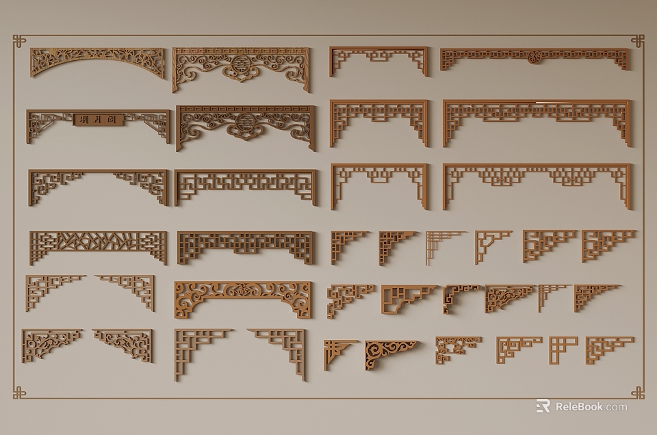 Traditional Intricate Wooden Carved Decorative Parts With Various Ornamental Patterns And Styles 3d model 