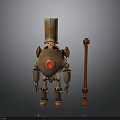 Mechanical Robot Character With Red Orb And Wooden Head Next To Staff