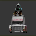 White and Red Ice Cream Truck Exterior With Green Mixer and Yellow Speakers on Top