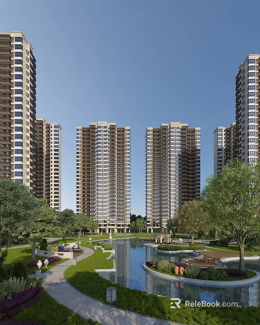 Modern High Rise Residential Buildings in a Scenic Community with Water Pond and Lush Greenery 3d model 