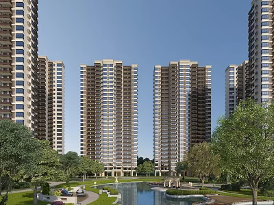 Modern High Rise Residential Buildings in a Scenic Community with Water Pond and Lush Greenery 3d model