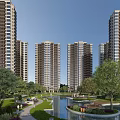 Modern High Rise Residential Buildings in a Scenic Community with Water Pond and Lush Greenery