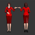 Female Character Red Suit Front and Back View Red Hair Black High Heels Dark Background