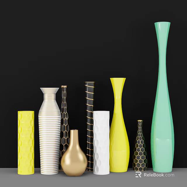 Decorative Ceramic Vases In Various Colors And Different Shapes With Textured Patterns 3d model