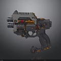 Sci Fi Pistol Design With Metallic Body Orange Accents And Mechanical Details